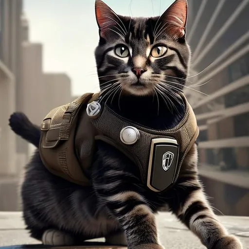 Prompt: A cat wearing spy gear, spy gear, blur the background, a fancy black car in the midground behind the cat, have a gun attached to the side of the cats vest