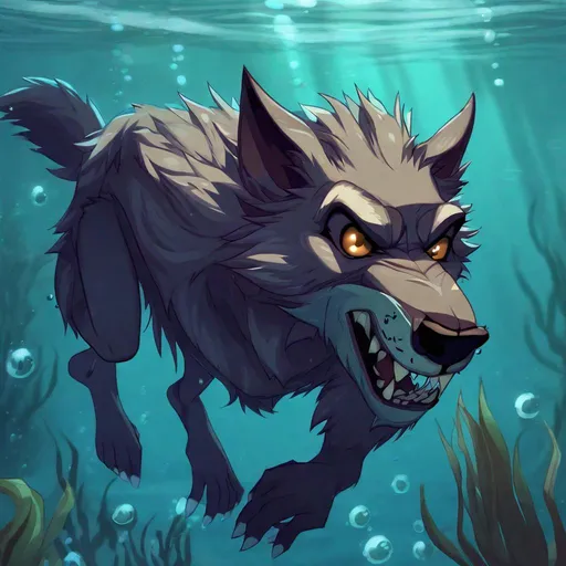 Prompt: Anthro furry werewolf swimming underwater