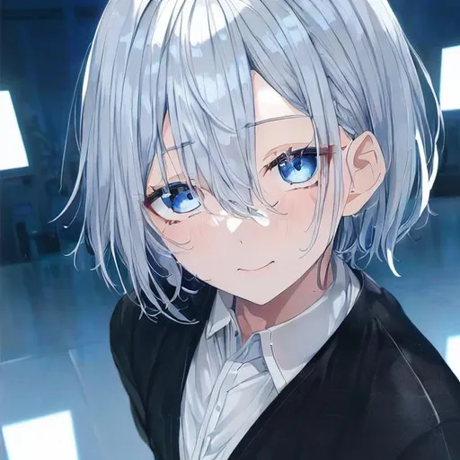 Prompt: pixiv, a 9 year old boy, silver white hair, short hair, deep blue eyes, detailed face, waist-up shot, HDRI, masterpiece, smooth, sharp focus, illustration, tattoo_black_horizontal_lines_on_cheeks, emo, pupiles, happy, casual cloths