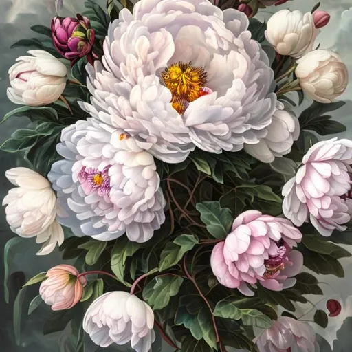 Prompt: PAEONIA ALERTIE   11 flowers bouquet ligthener white  pink   vintage  art realystic style 1600 year style oil painted dark green background   unzoomed