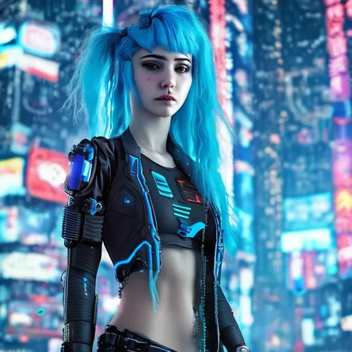 Prompt: Cyberpunk female, blue hair, blue suit