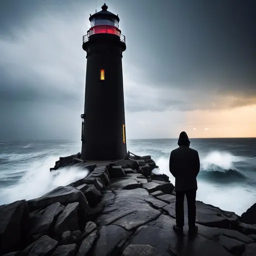 Prompt: a lone man black standing at a lighthouse at dusk in stormy and windy weather rain