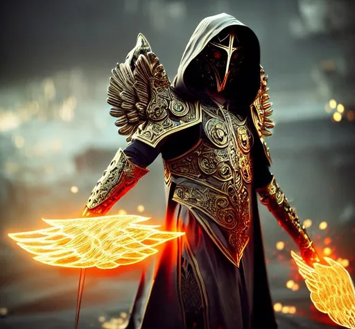 Prompt: Splash art of a beautiful, serious, angel in ornate armor wearing a hood and mask, fire raining from the sky, cinematic shot, heroic fantasy art, special effects,  HD octane render
