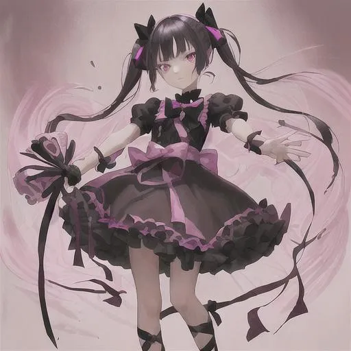 Prompt: (masterpiece), best quality, expressive eyes, perfect face, full body, 1girl, pink haired fourteen years old girl, dressed in a frilly black and pink dress, wielding a black wooden bow, bow with a black rose growing at the top, black and red chocker with a pink gem, short pink hair, pink eyes, short twintails, black hair ribbons, black stockings, red Mary Jean shoes, sad expression, tears