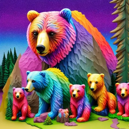 Prompt: Lisa frank style of bears in the forest diorama
