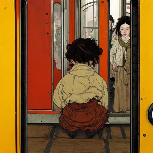 Prompt: a girl. on a yellow train. pressing the door to open it at the station. seen from the back. big rings on her fingers. she crouches slightly, as if she has large wings. in the style of egon schiele.