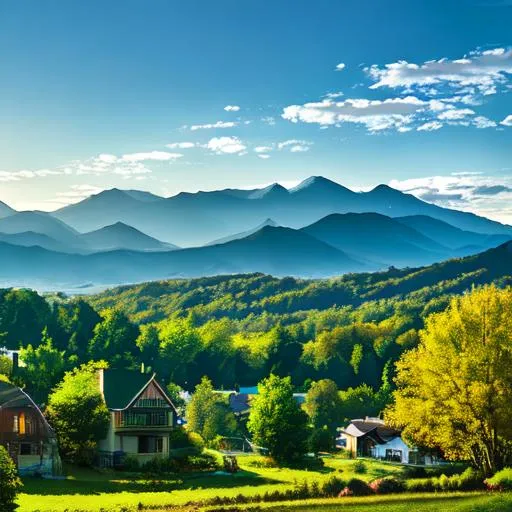 Prompt: long shot scenic professional photograph (Green mountains in the background) perfect viewpoint highly detailed (trees and houses in foreground) (afternoon sun)