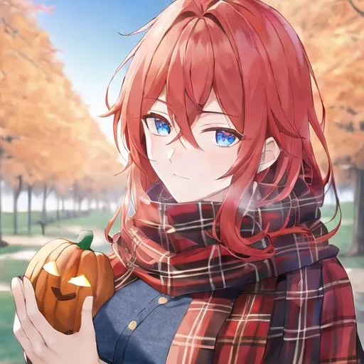 Prompt: Zerif 1male (Red side-swept hair covering his right eye, blue eyes), highly detailed face, wearing a cozy flannel shirt and a pair of stylish jeans. In the park, fall.  wearing a scarf, looking up at the sky, in a pumpkin patch, adult. Handsome,  detailed, UHD, HD, 4K, highly detailed, red haze, masculine, anime style