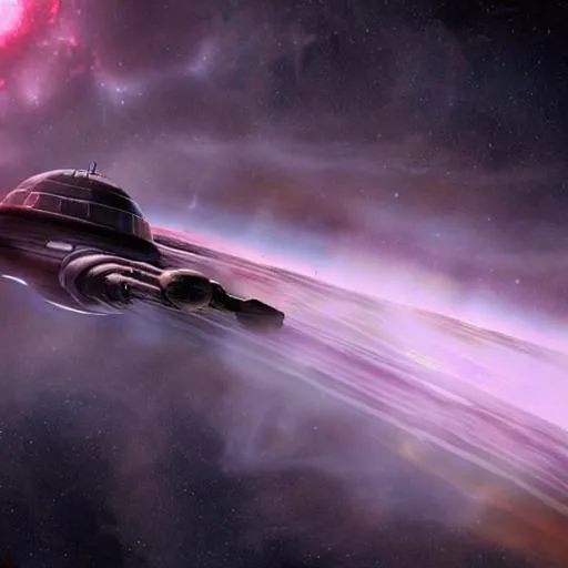 Prompt: A starship that is a mix of Star Trek and Star Wars approaches another ship, a large black hole., cinematic lighting photo-realistic 
