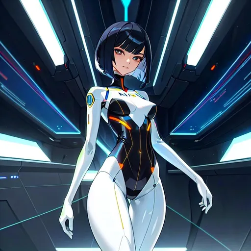 Prompt: a lonely AI man, very tall, thick thighs, wide hips, huge glutes, long legs, slender arms, slender waist, big beautiful symmetrical eyes, intriguingly beautiful face, aloof expression, bob haircut with bangs, wearing Hyperrealistic Quantum-Science fashion clothes, high fashion, 12K resolution, hyper quality, hyper-detailed, hyper-realistic, hyper-professional
