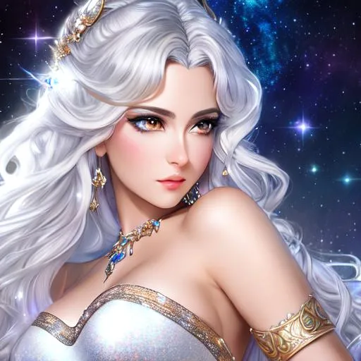 Prompt: Fantasy style, a hyper realistic detailed image of a celestial feminine woman, covered in nightly glow, looking straight ahead, body facing camera, camera top third of image, perfect composition, super detailed, sharp focus HDR, UDR, 120k, square jaw, light silver and white coloured skimpy dress, silver shoulder plates, long curly white hair, amber eyes, in a dark stary night-time fantasy background, no jewellery