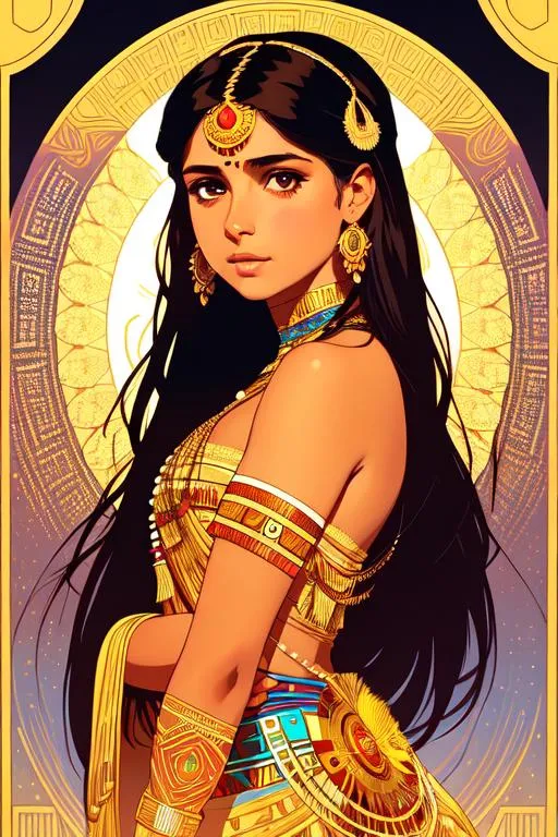 Prompt: Upper body portrait of Cute girl Naomi Scott, brown long hair, tan skin, tribal war dress, intricate, detailed face. by Ilya Kuvshinov and Alphonse Mucha. Dreamy, sparkles