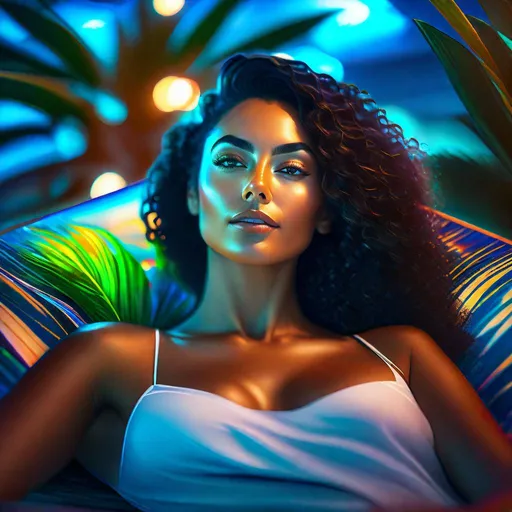 Prompt: Produce a high-quality professional-grade portrait capturing a woman lying on a lounger, immersed in a digital beach paradise within a cyberpunk world. The central image should focus on her detailed visage, the surrounding screens, and the realistic lighting.

The woman, centrally framed, should appear serene. Her face should be detailed with the high-definition precision of professional photography, capturing the illusion of warm sunlight on her skin and the reflection of digital waves in her eyes.

Her surroundings, while physically a small, cybernetic space, should be transformed into a beachside getaway by the surrounding screens. Each screen should display portions of a panoramic beach scene, with details such as turquoise waters, white sands, and swaying palms. The screens themselves should have visible wires and cables, offering a stark contrast to the serene beach images they display.

This setting should be lit realistically, with the faux sunlight from the screens creating a warm, beach-like glow in the room. Shadows and reflections should enhance the immersive illusion and add depth to the scene.

This photograph should encapsulate the juxtaposition of a tranquil beach escape within the confines of a cyberpunk world. It should evoke feelings of longing, escapism, and the advanced, complex nature of a digital world encroaching on our perceptions of reality.