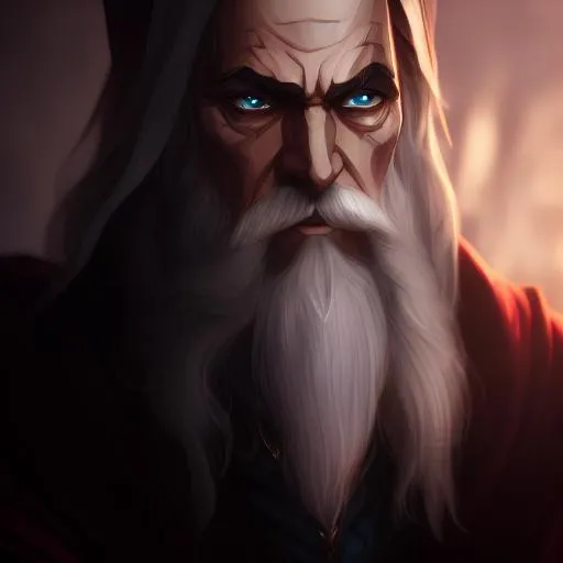 Prompt: really evil male, thin face, evil grin, dark, melancholic, ruler, rich merchant, highly detailed, 8k, medieval, old, beard, mage, magic, wizard, gandalf