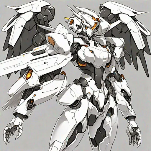 Prompt: draw me a sci-fi armored girl with an exposed human chest part and white colored armor, the right hand are mechanical arm bigger than the left arm, with a silver big booster and black wings at the girl's back. the head are Gundam head and face with a human eyes. picture style like a Gundam model line art. full body view from front and back view. render anime cell shading color