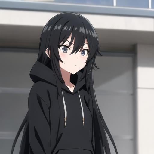 Black long hair anime high school cool girl with bla