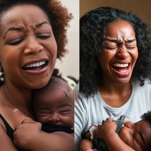 Prompt: A black woman crying on the left eye and smiling on the right holding an infant 
