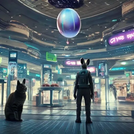 Prompt: cat security guards in a busy alien mall, widescreen, infinity vanishing point, galaxy background, surprise easter egg