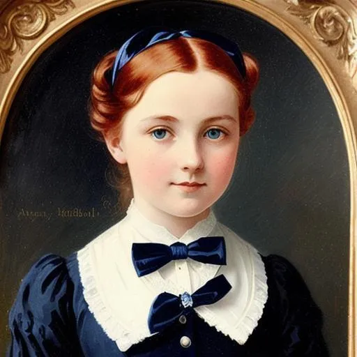 Prompt: portrait of a beautiful Victorian girl with red hair and dark blue eyes wearing a dark blue school uniform and a white hair bow