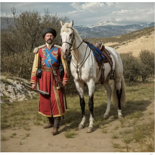 Prompt: a caucasian cossack with a kabarde horse, symetric face