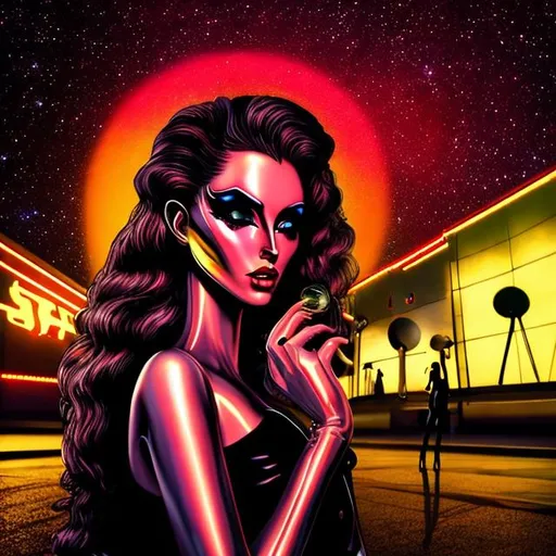 Prompt: Beautiful alien woman, ufo in the background, wearing high heels, cinematic, pop art, big eyes, big lips, smooth skin, holding a Louis Vuitton purse, high contrast, sharp focus, high resolution, intense backlighting, wide view 