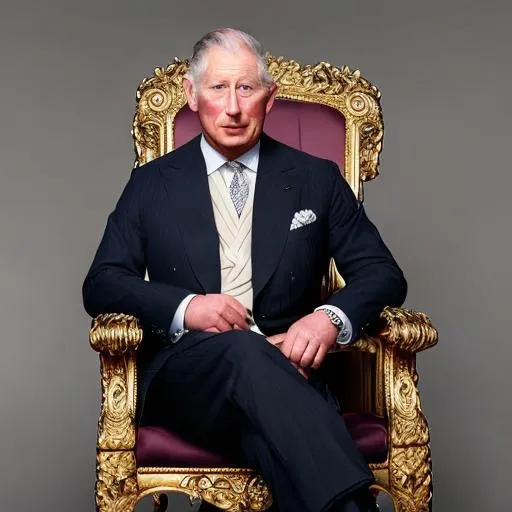 Prompt: Prince Charles of England sitting on the throne 