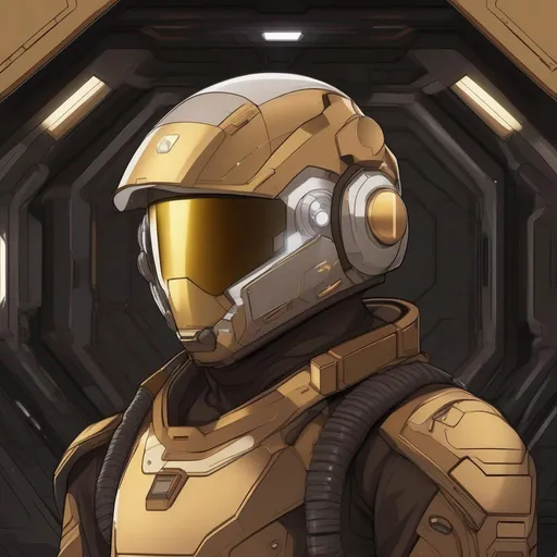 Prompt: From distance. Whole body. Full figure. A Czech male soldier in scifi 20th century combat uniform. He has a scifi adrian helmet with a scifi line visor covering his face. Robot Dark brown uniform. gold details.  In background a space base. Anime art. Anime style. Akira art. 2d art. 2d. Well draw face. Detailed. Whole figure. Full body. 