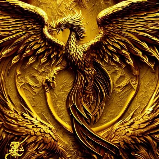 Prompt: Golden Phoenix with its imposing appearance, confidence, courage, occult atmosphere