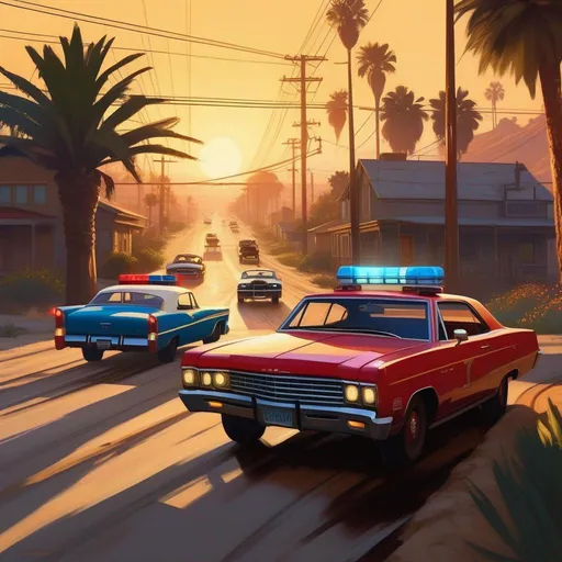 Prompt: GTA V, car chase, cops, cartoony, sunny atmosphere, extremely detailed painting by Greg Rutkowski and by Henry Justice Ford and by Steve Henderson