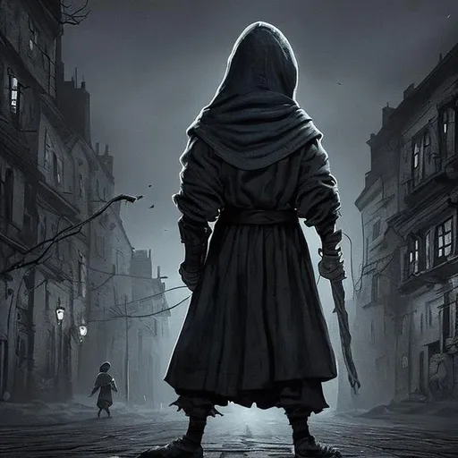 Prompt: a boy (12 years old), thief, in the middle of the street at night, fantasy setting, middle ages setting, hood, dark, drawings, dagger in hand, no face, crouching in shadows

