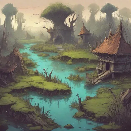 Prompt: fantasy swamp land, dungeons and dragons style
