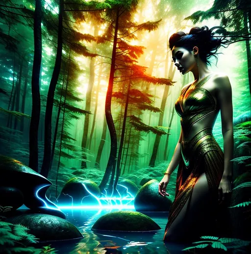 Prompt: 3D HD dramatic cinematic lighting [({one}{(Beautiful benevolent {goddess}female liquid}, expansive magical forest background, hyper realistic, 8K --s98500