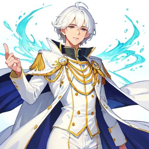 Prompt: buetiful man with a white uniform and whithe hairs a cicatrice and a magic cape((really sexy))