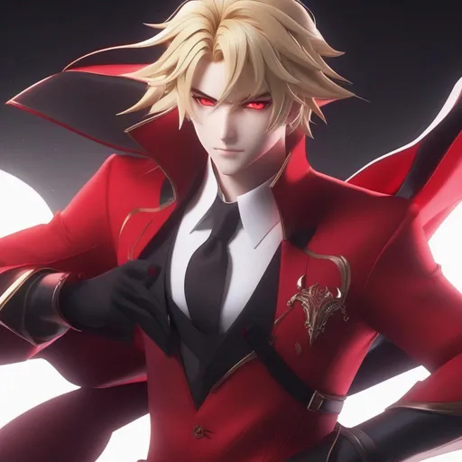 Prompt: 3d anime man blonde hair and red outfit with red eyes half demon half human and beautiful pretty art 4k full HD