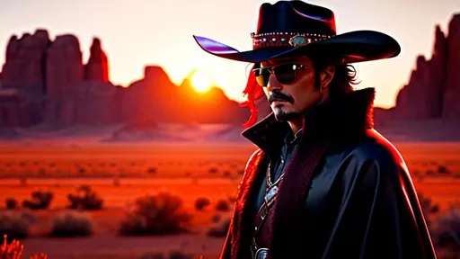 Prompt: 4 Armed Cyber Cowboy, fiery red Poncho, Dressed in black duster and Stetson Cowboy Hat, with Red Sunglasses, Haunting Presence, Photorealism, Hyperrealism, Intricately Detailed, Hyperdetailed, Desert Wild West Landscape, Dusty Midnight Lighting, Filmic, Movie Quality, 8K Resolution, Wild West Feel