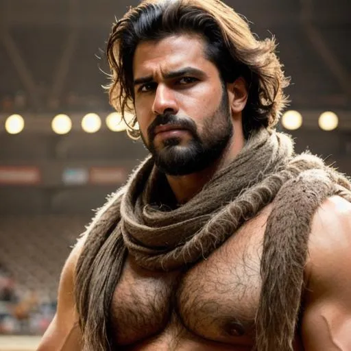 Prompt: scene of hyperreal beautiful "handsome" hunk with sensual rage face, very hairy pecs and "sensual calves", "dhoti", shawl, arena, perfect composition, hyperrealistic, super detailed, 8k, high quality, trending art, trending on artstation, sharp focus, studio photo, intricate details, highly detailed, by greg rutkowski
