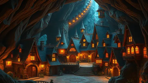 Prompt: (cozy dwarfen town), vibrant warm colors, fantasy style, intricate stone architecture, softly glowing lanterns, enchanting atmosphere, adorable houses, in a giant cave, whimsical details, highly detailed and intricate background, ultra-detailed, cinematic masterpiece.