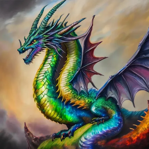 Prompt:  (Realistic photo, professional photo, oil panting) Rainbow dragon with 4 heads and 4 tails all with a different elemental power