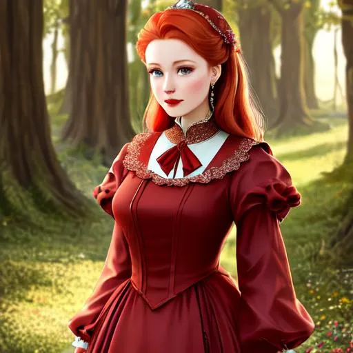 Prompt: CGI. A profoundly fair demure redhead maid dressed conservatively in dull brown maid gown.
Fantasy, stylized, elegant feminine clothing, red gloss lips, rosy cheeks, mystical vibe.