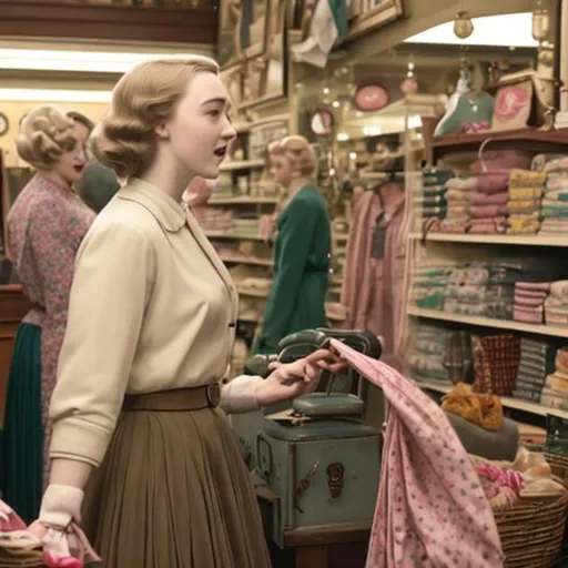 Prompt: Saoirse Ronan as an 1950s era woman shopping at a store and violently screams at a black woman 