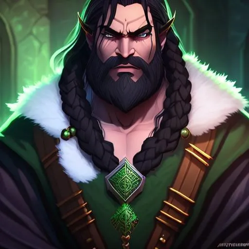 Prompt: dark green skinned male orc mage, dark purple robe with trimmed black liner, wise face, long white braided hair, heavy thick beard, necklace made from tiny skulls, dnd character art style, stormy background, cool lighting scheme, by Hyung-tae Kim and Krenz Cushart and artgerm on artstation, full portrait view, d&d, dnd, dungeons and dragons, head shot