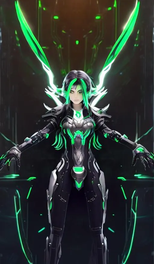 Prompt: female, long silver and green glowing hair, wearing black gloves, green and black scifi armor, ULTRAKILL Xenoblade 2 , conceptart , scifi sword, mechanical halo