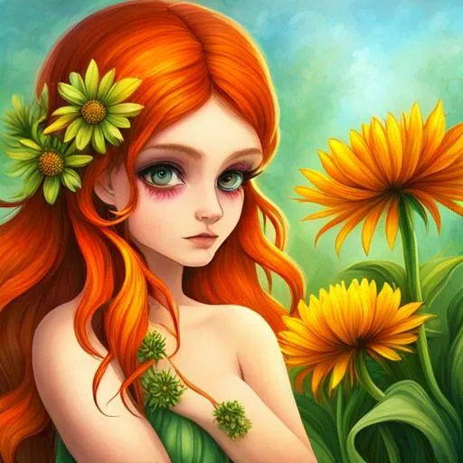 Prompt: Fairy goddess of summer, vivid colors,large eyes, red, orange  and yellow wildflowers, closeup