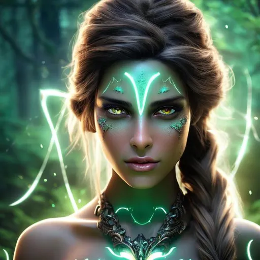 Prompt: HD 4k 3D 8k professional modeling photo hyper realistic beautiful demon woman ethereal greek goddess of lawlessness
pale green hair in updo brown eyes gorgeous face black skin barbarian dress headpiece tattoos full body surrounded by magical glowing light hd landscape background wilderness swamp weapons dirty 