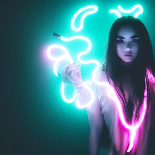 Prompt: beautiful female demon, hell, demonic, vaporwave, retro, neon, aesthetic, liminal, high quality, high definition, beautiful, dramatic lighting