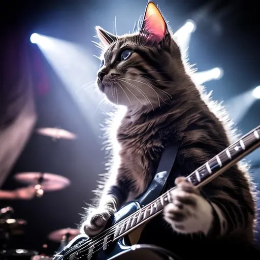 Prompt:  Cat is playing in a metal band.
