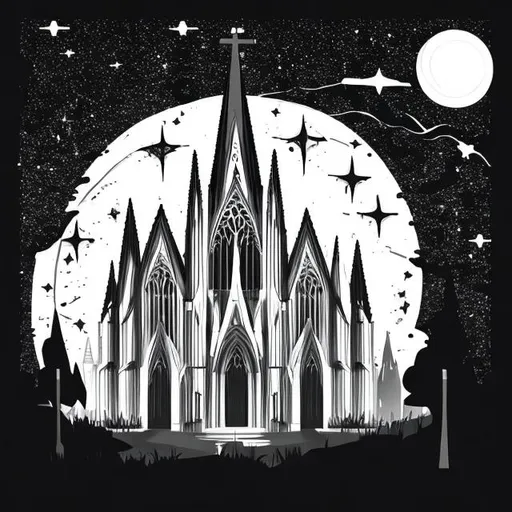 Prompt: in a black and white simple artstyle, 2d cathedral with night sky and stars