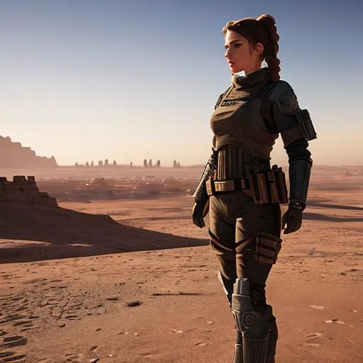 Prompt: Fearless Leia standing tall on a desert planet, stoic, strong, weathered, dreamy, realistic, intricate details, in a desolate wasteland city, savage, gritty, intense, barren, apocalyptic, realistic, intricate details, hyperrealism, photorealistic, 8k, unreal engine --ar 9:16 --niji 5 --style expressive --s 400, by Jeremy Mann, Rutkowski, and other Artstation illustrators, intricate details, face, portrait, illustration, UHD, 4K, smoke, close up