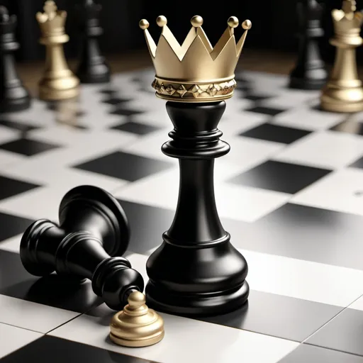 Prompt: a black and gold chess piece on a checkered floor with a gold crown on top of it and a black and white checkered floor, Artur Tarnowski, incoherents, crown, a 3D render