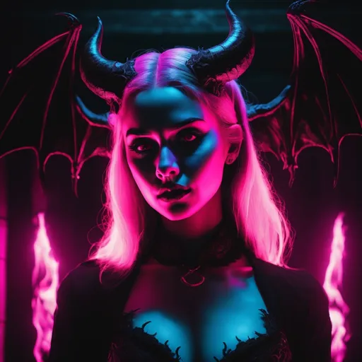 Prompt: beautiful female demon, hell, demonic, gothic, vaporwave, retro, neon, aesthetic, liminal, high quality, high definition, beautiful, dramatic lighting